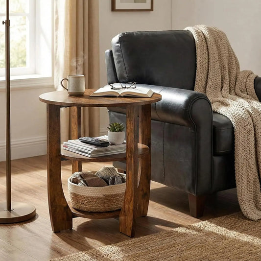 3-Tier Round Side Table with Storage, 19.7 Inch Rustic Brown Accent Table for Bedroom and Living Room, Vintage Design for Couch, Sofa, and Recliner in Compact Spaces